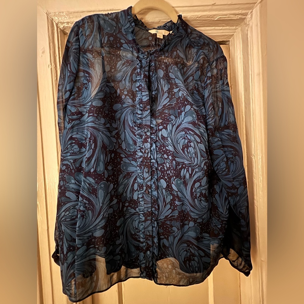 Boden Sheer ChiffonBlue and Black Swirl Blouse - size 16